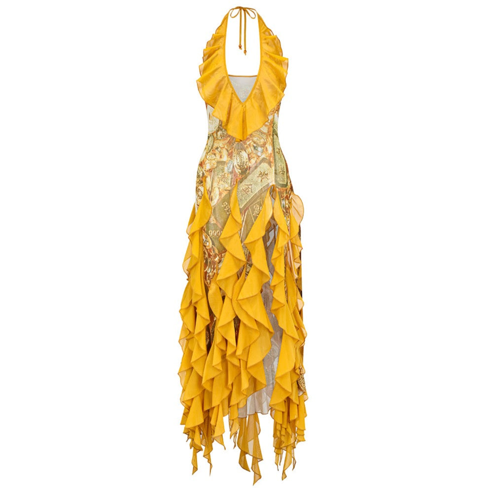 Gold Print Frill Dress HuDieGongZhu Gold Print Frill Dress HuDieGongZhu