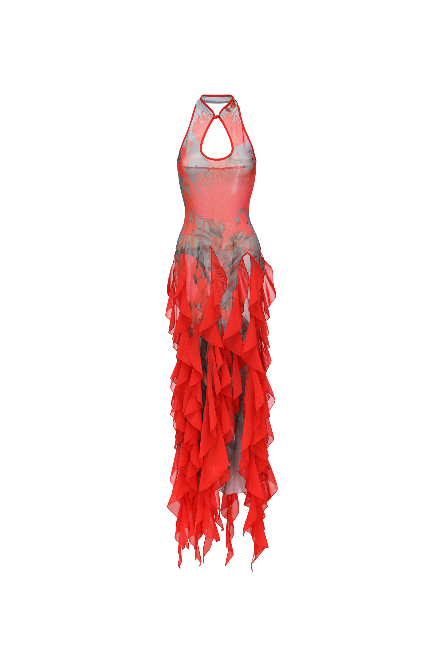 Floral Print Red Ruffle Qipao Dress