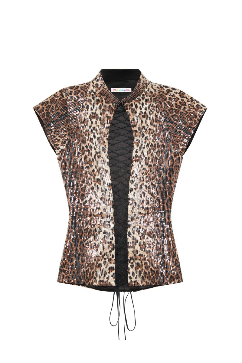 Sequin Leopard Print Lace-Up Qipao