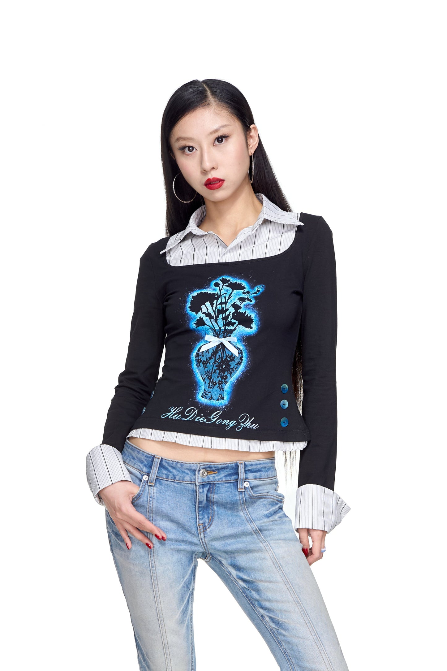 Lace Vase Print Layered Shirt