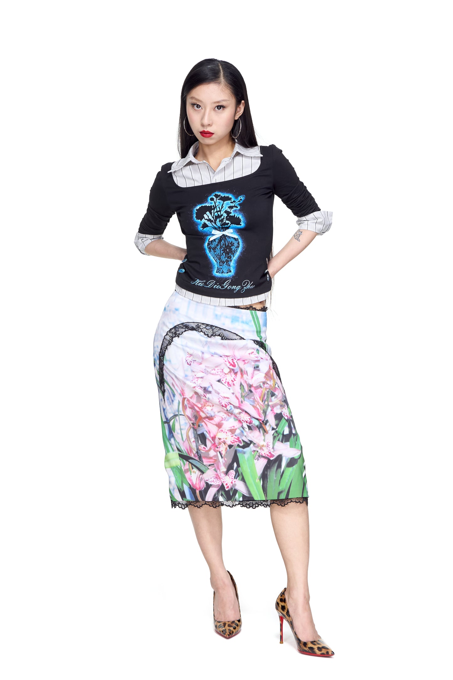 Orchid Print Lace Skirt