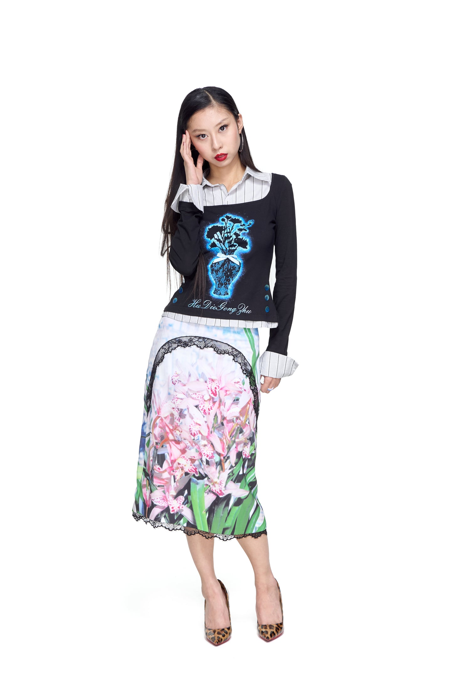 Lace Vase Print Layered Shirt
