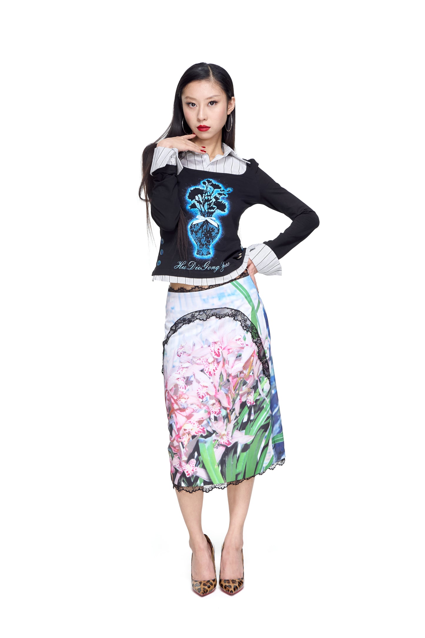 Lace Vase Print Layered Shirt
