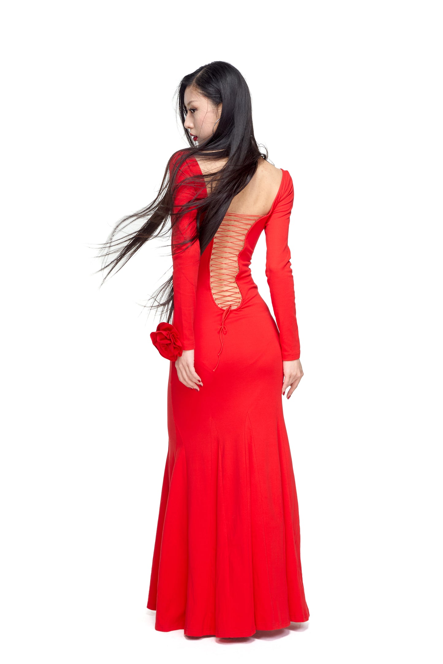Red Reversible Lace-Up Detachable Flower Dress