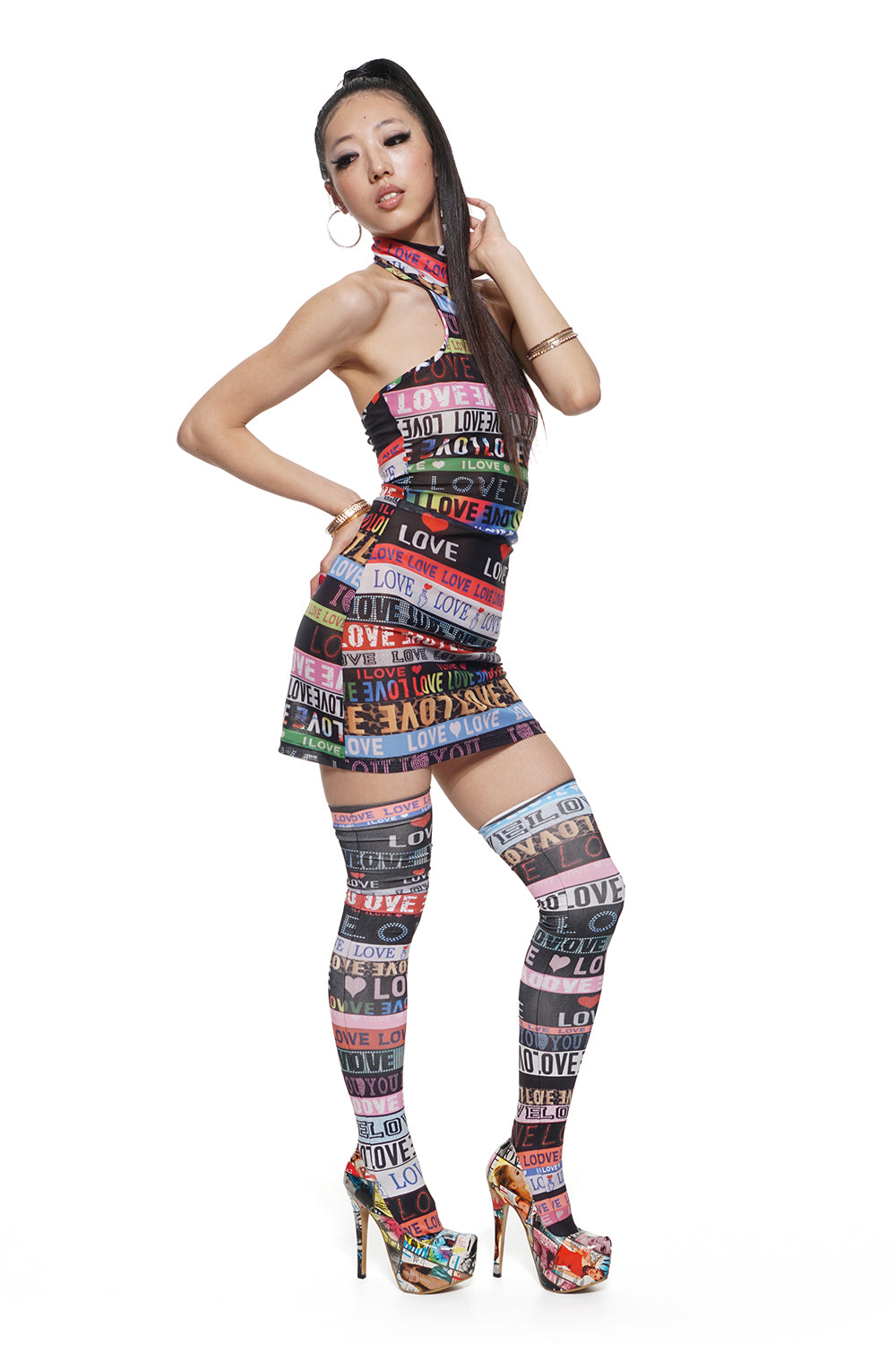 LOVE Webbing Print Thigh High Socks