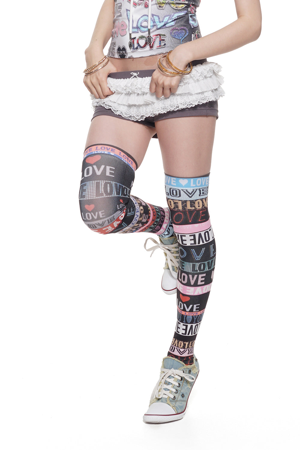 LOVE Webbing Print Thigh High Socks