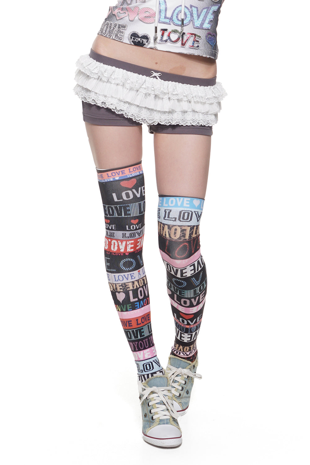 LOVE Webbing Print Thigh High Socks