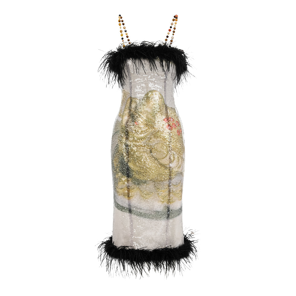 Golden Frog Print Sequin Feather Dress