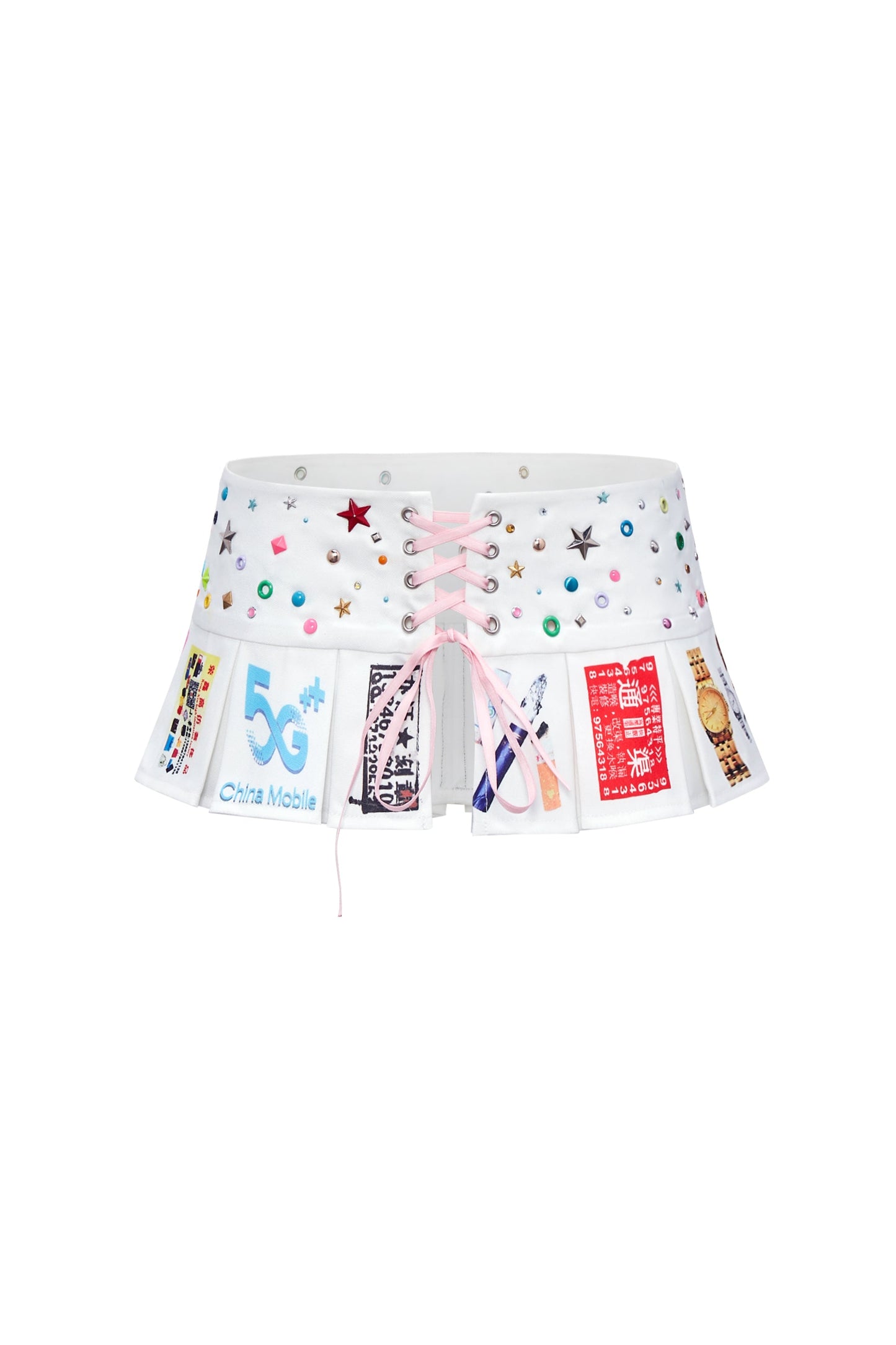 Daily Items Print Rhinestone Lace-Up Pleated Skirt