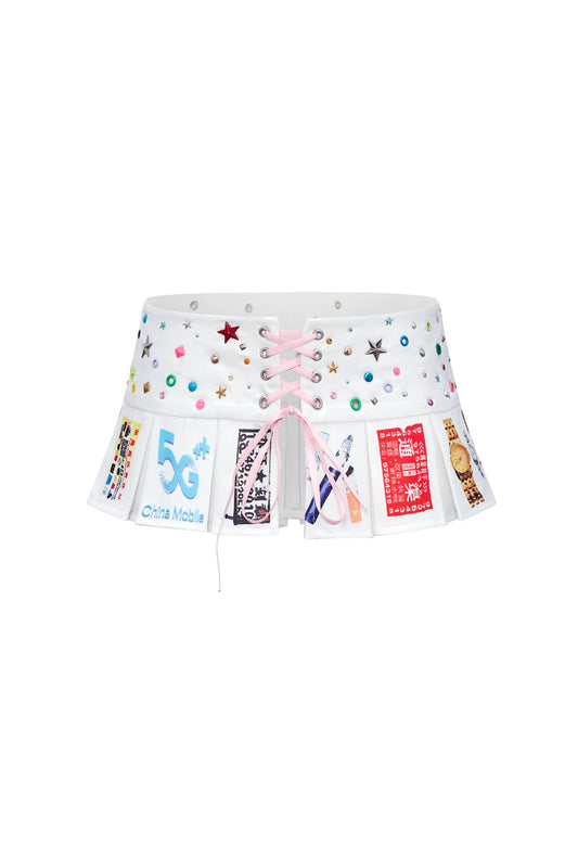 Daily Items Print Rhinestone Lace-Up Pleated Skirt
