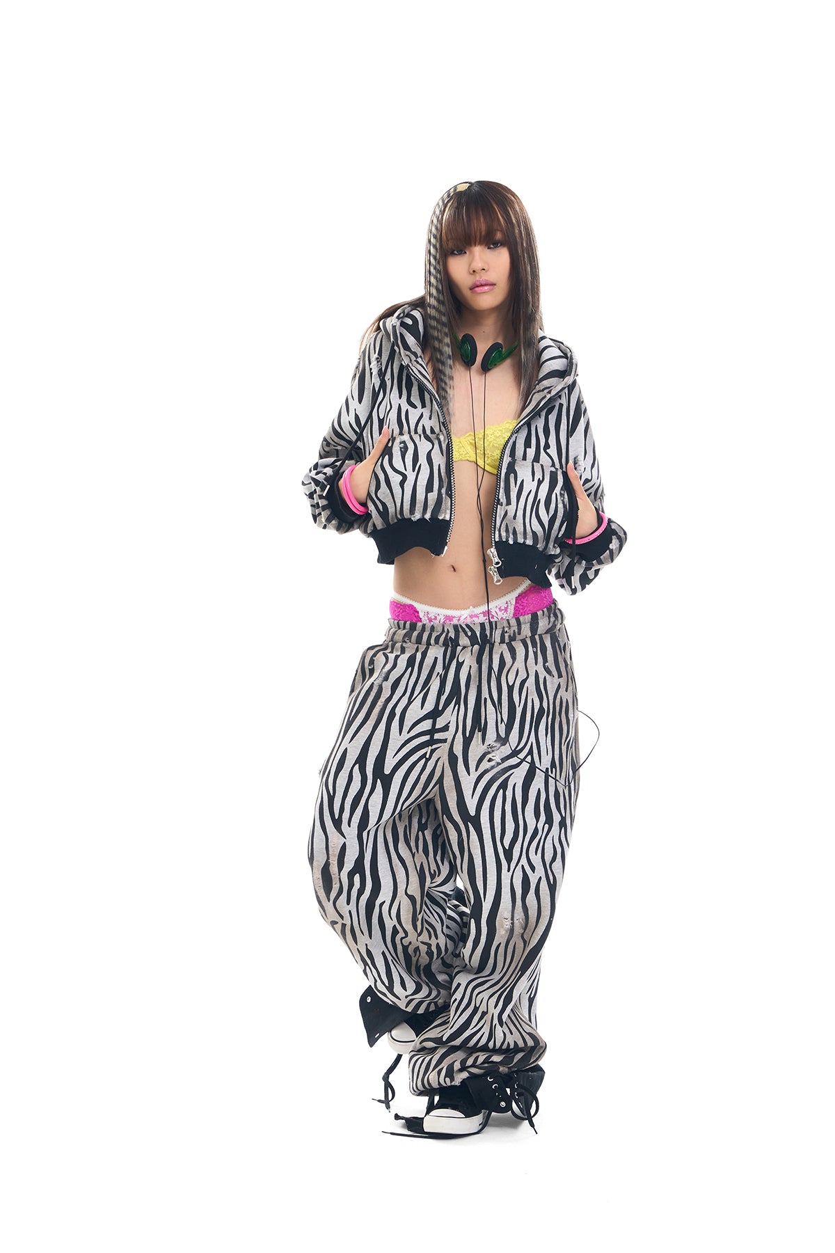 Zebra Distressed Spray-Print Fleece Mane Hoodie