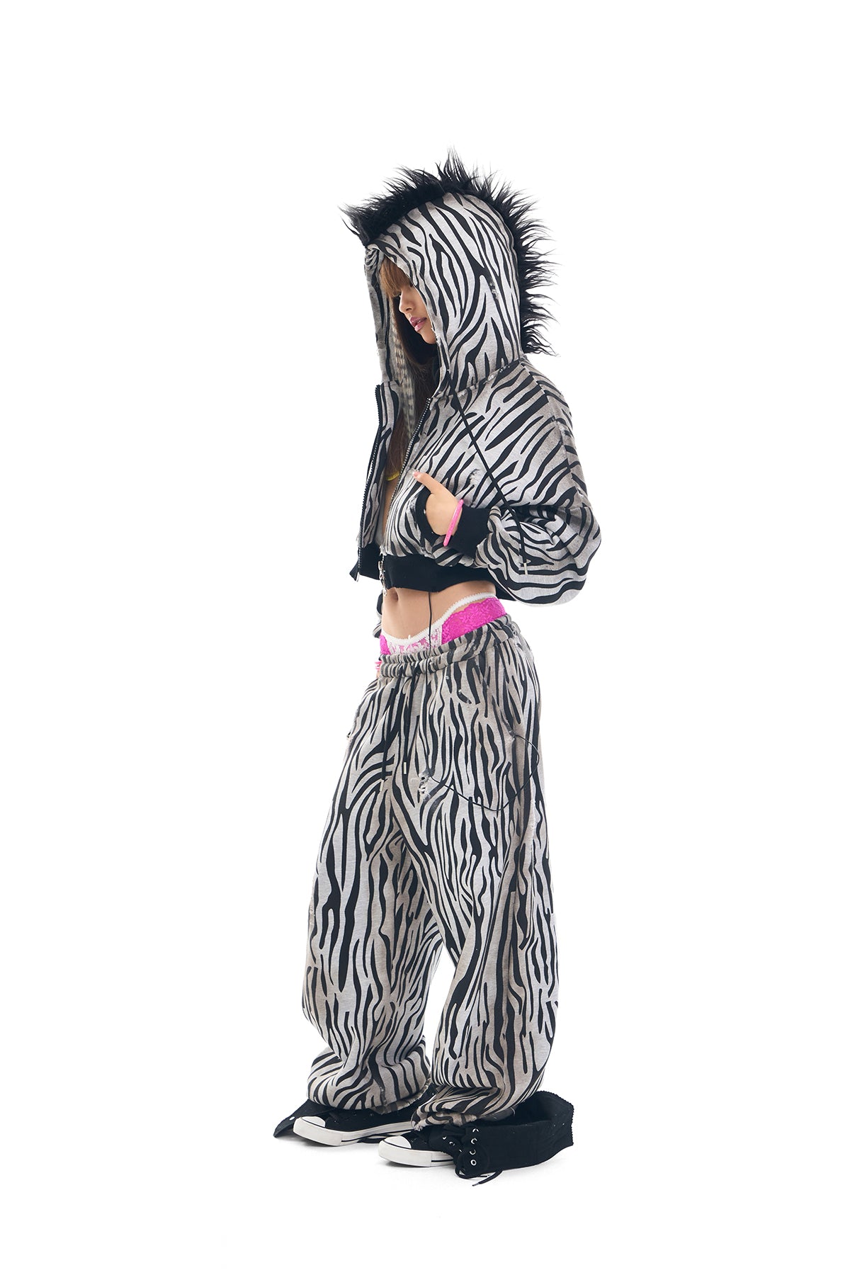 Zebra Distressed Spray-Print Fleece Mane Hoodie