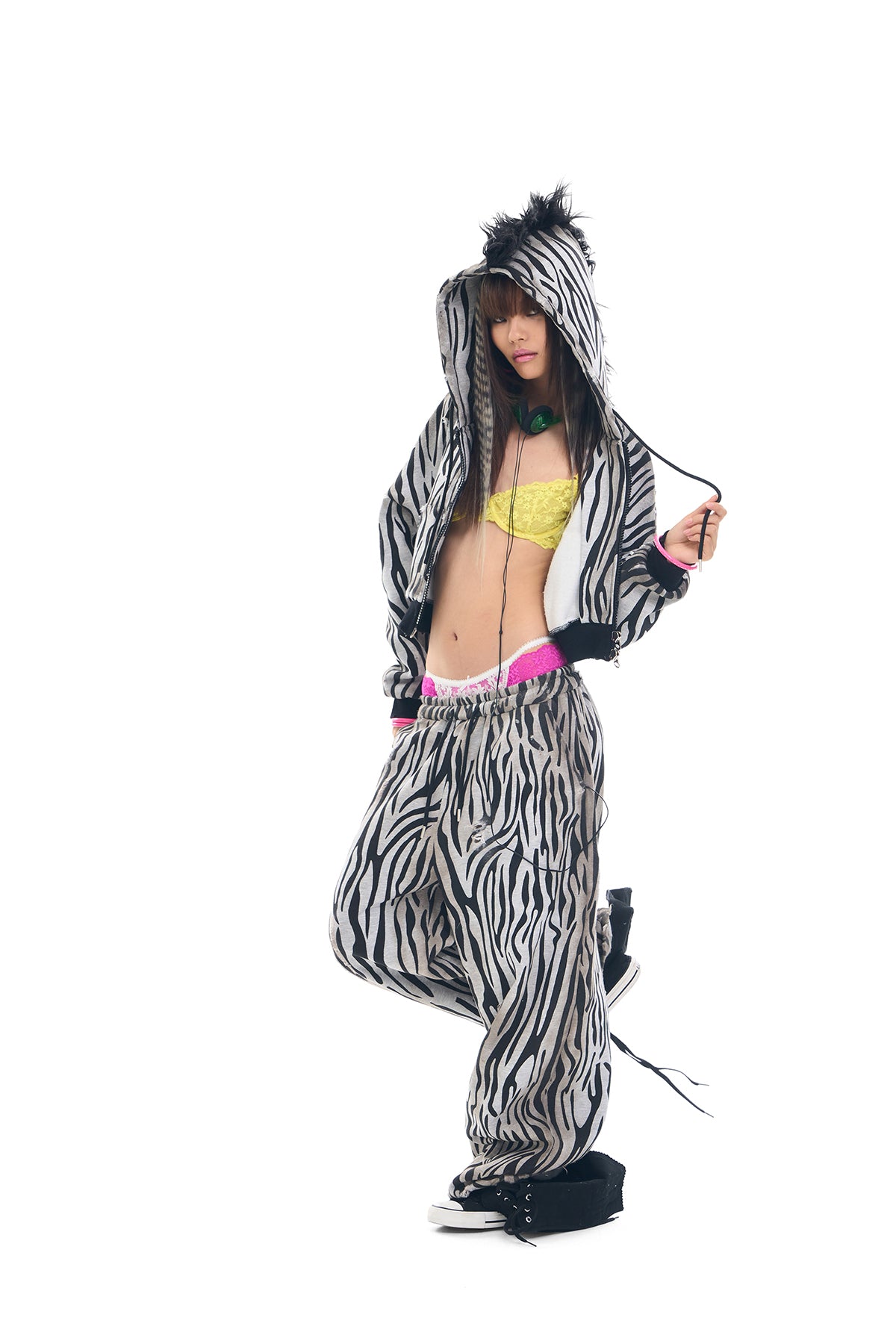 Zebra Distressed Spray-Print Fleece Mane Hoodie