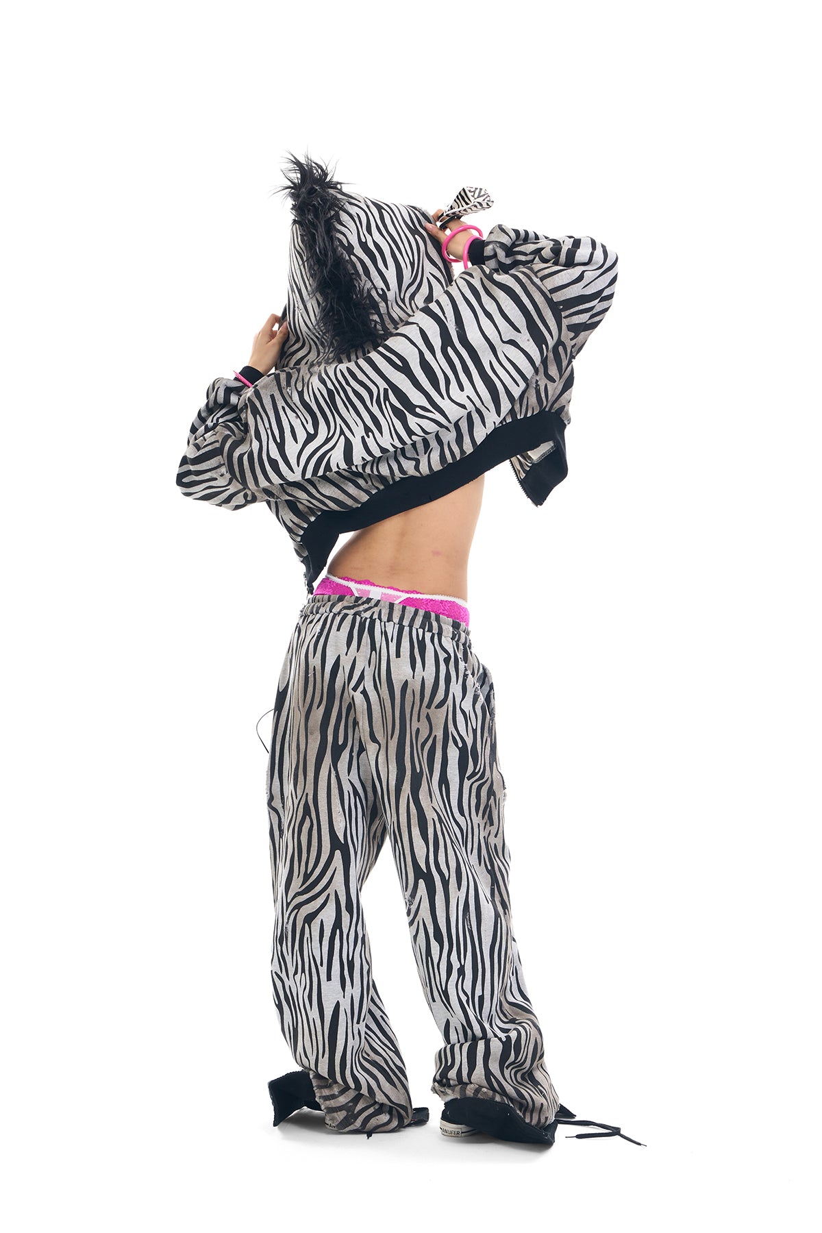 Zebra Distressed Spray-Print Fleece Mane Hoodie