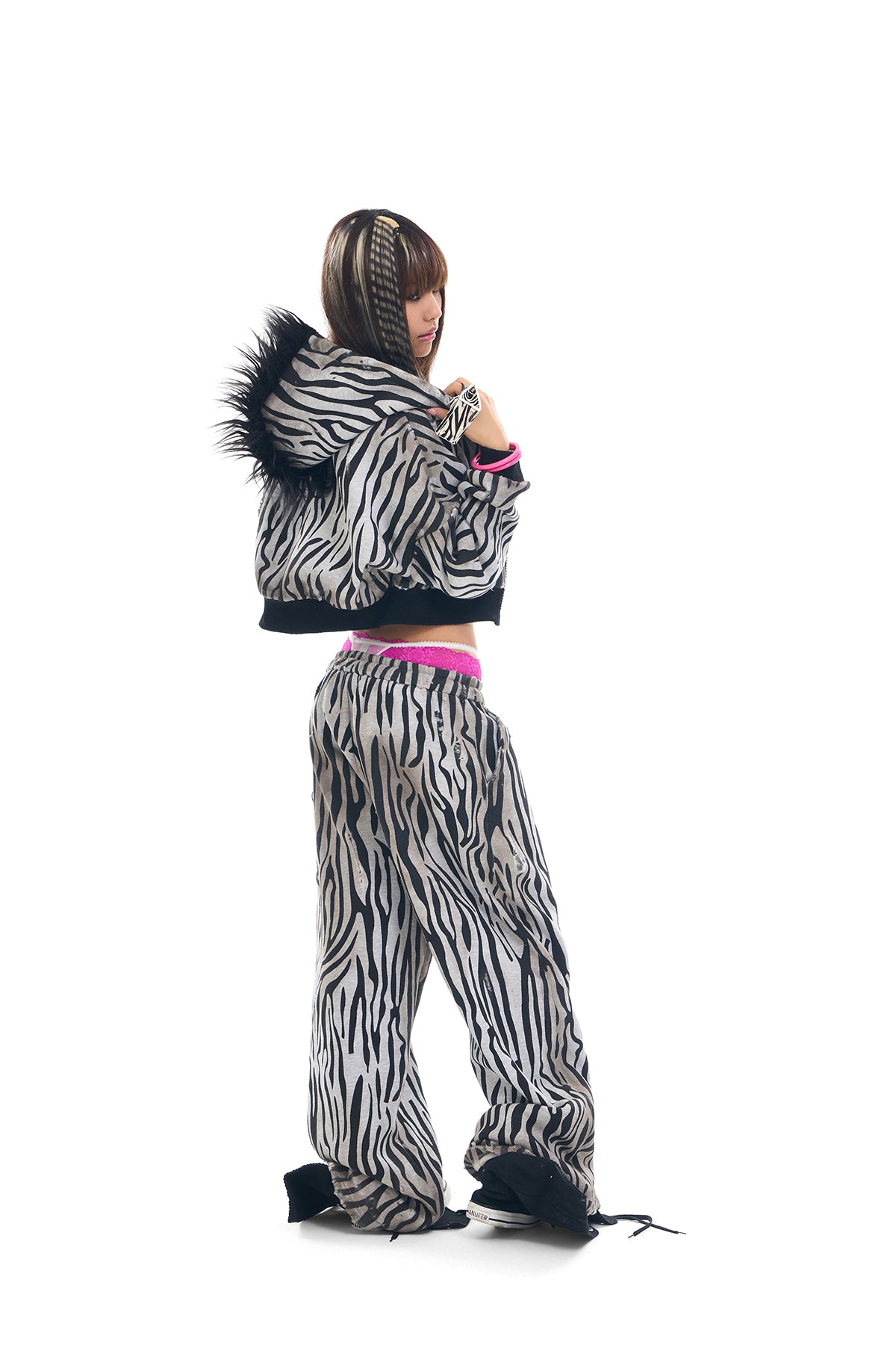 Zebra Distressed Spray-Print Fleece Mane Hoodie