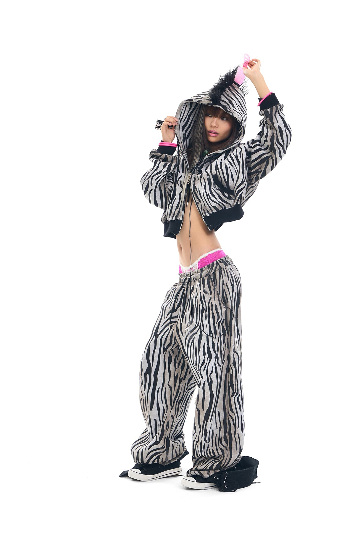 Zebra Distressed Spray-Print Fleece Mane Hoodie