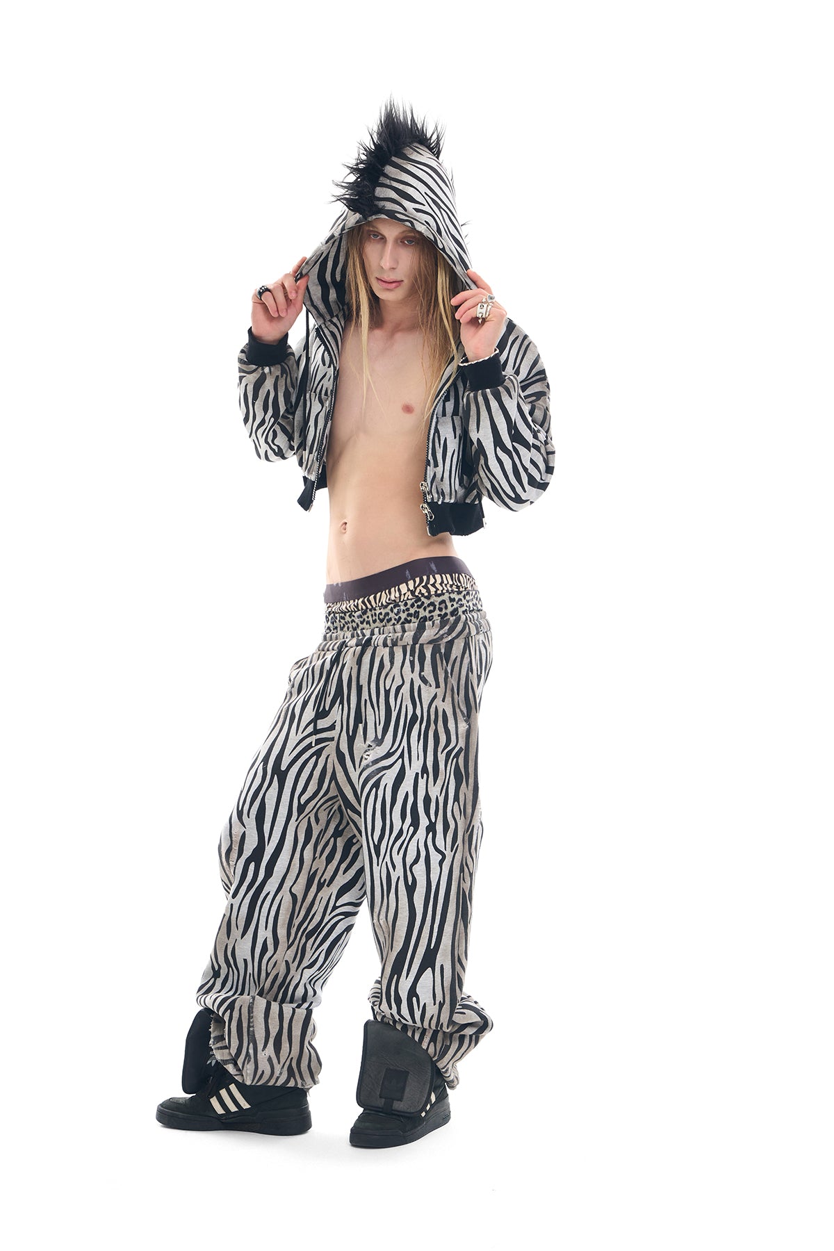 Zebra Distressed Spray-Print Fleece Mane Hoodie
