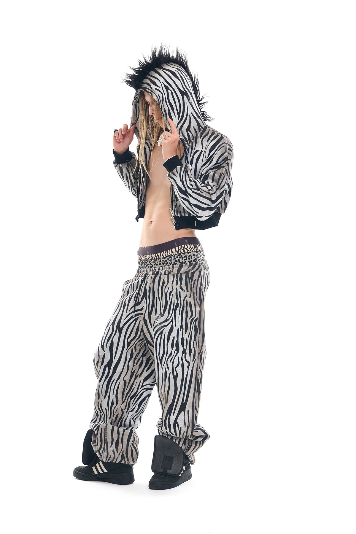 Zebra Distressed Spray-Print Fleece Mane Hoodie