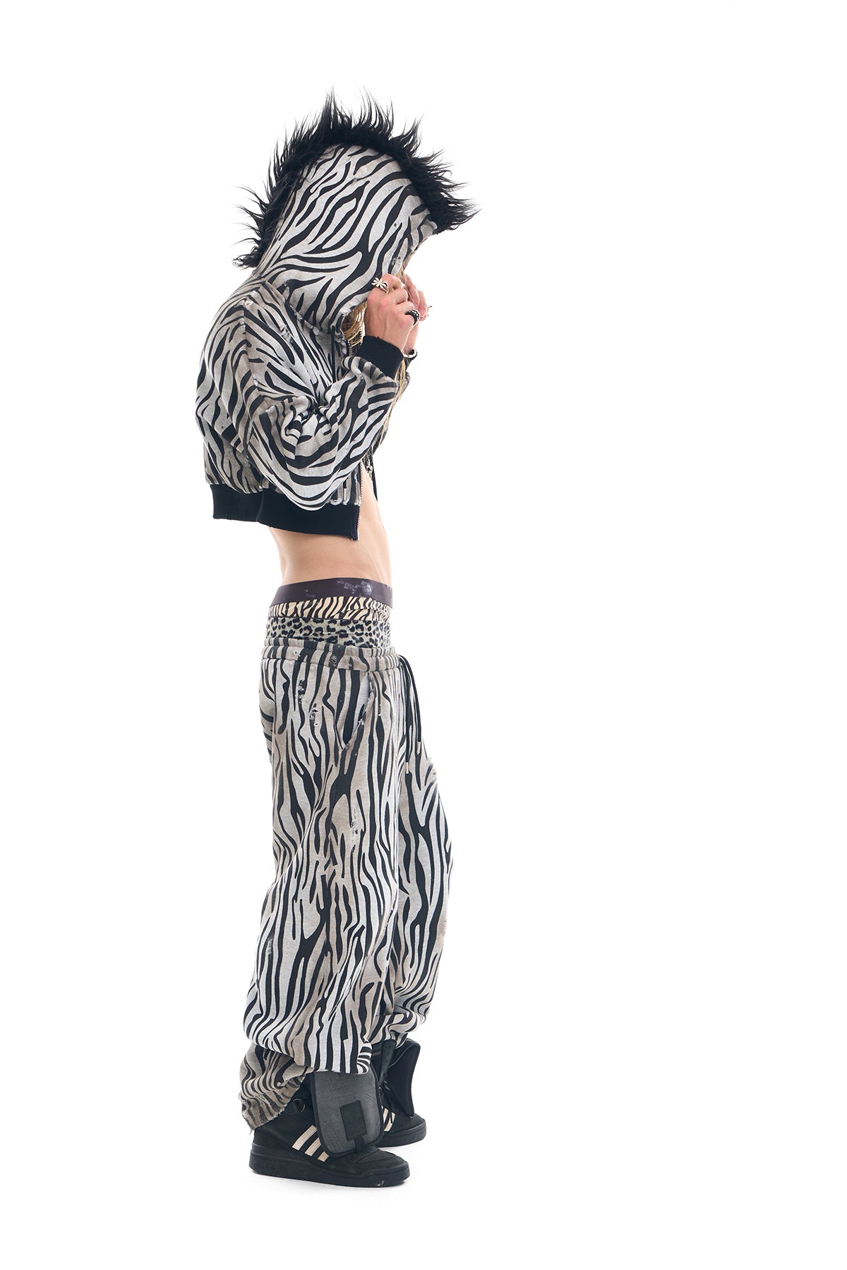 Zebra Distressed Spray-Print Fleece Mane Hoodie