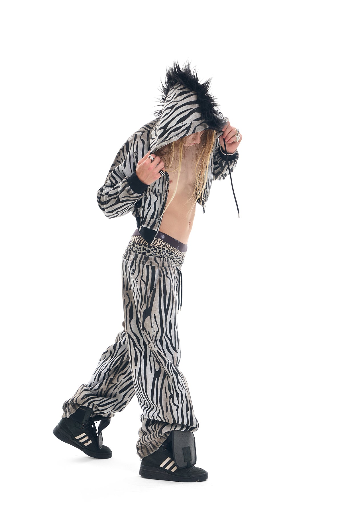 Zebra Distressed Spray-Print Fleece Sweatpants
