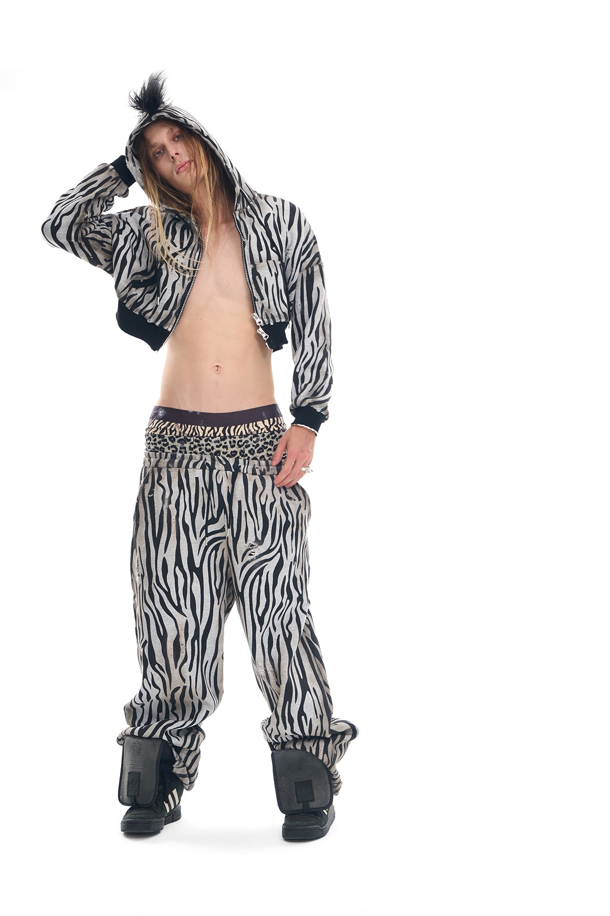 Zebra Distressed Spray-Print Fleece Mane Hoodie