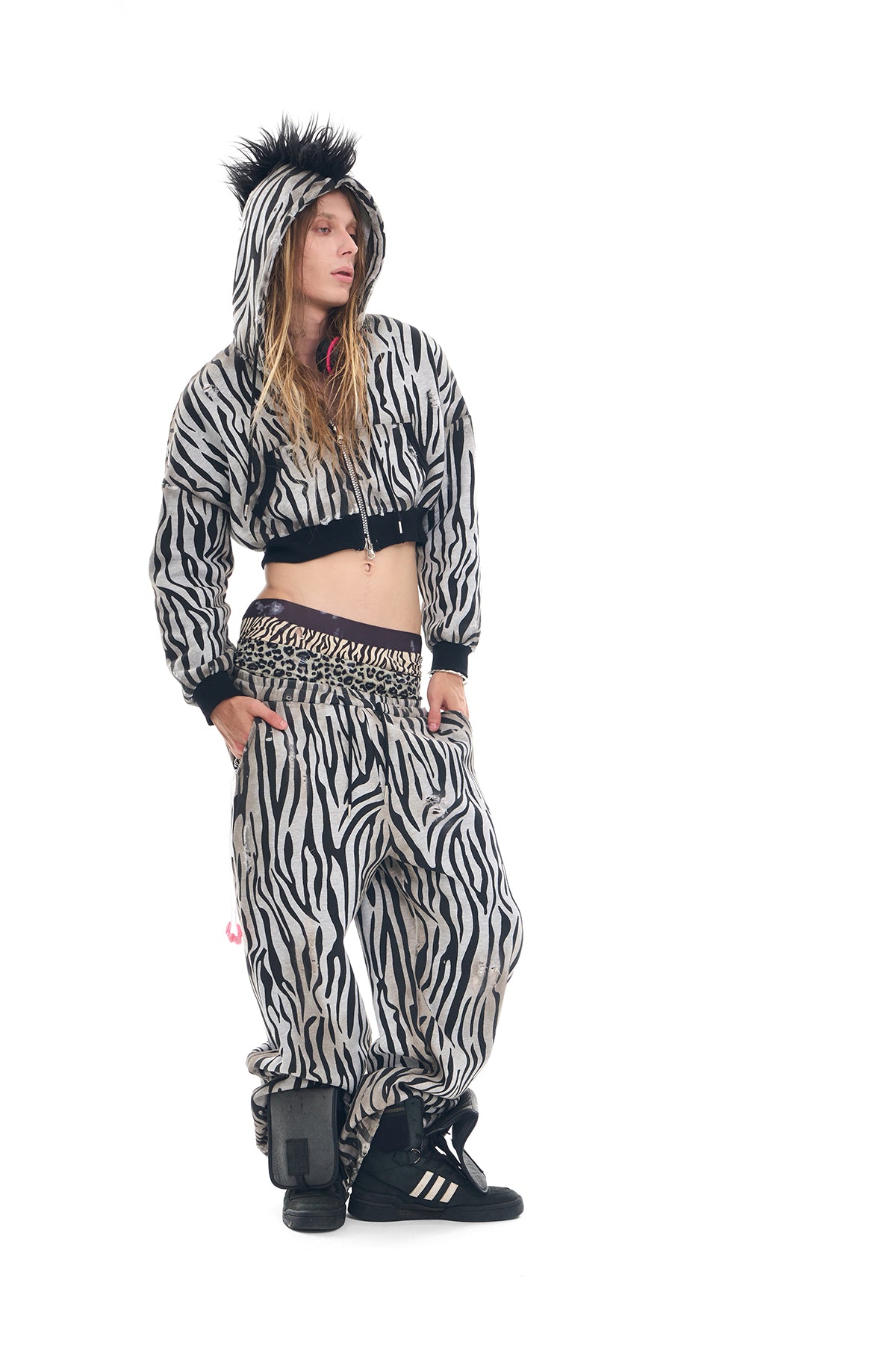 Zebra Distressed Spray-Print Fleece Mane Hoodie