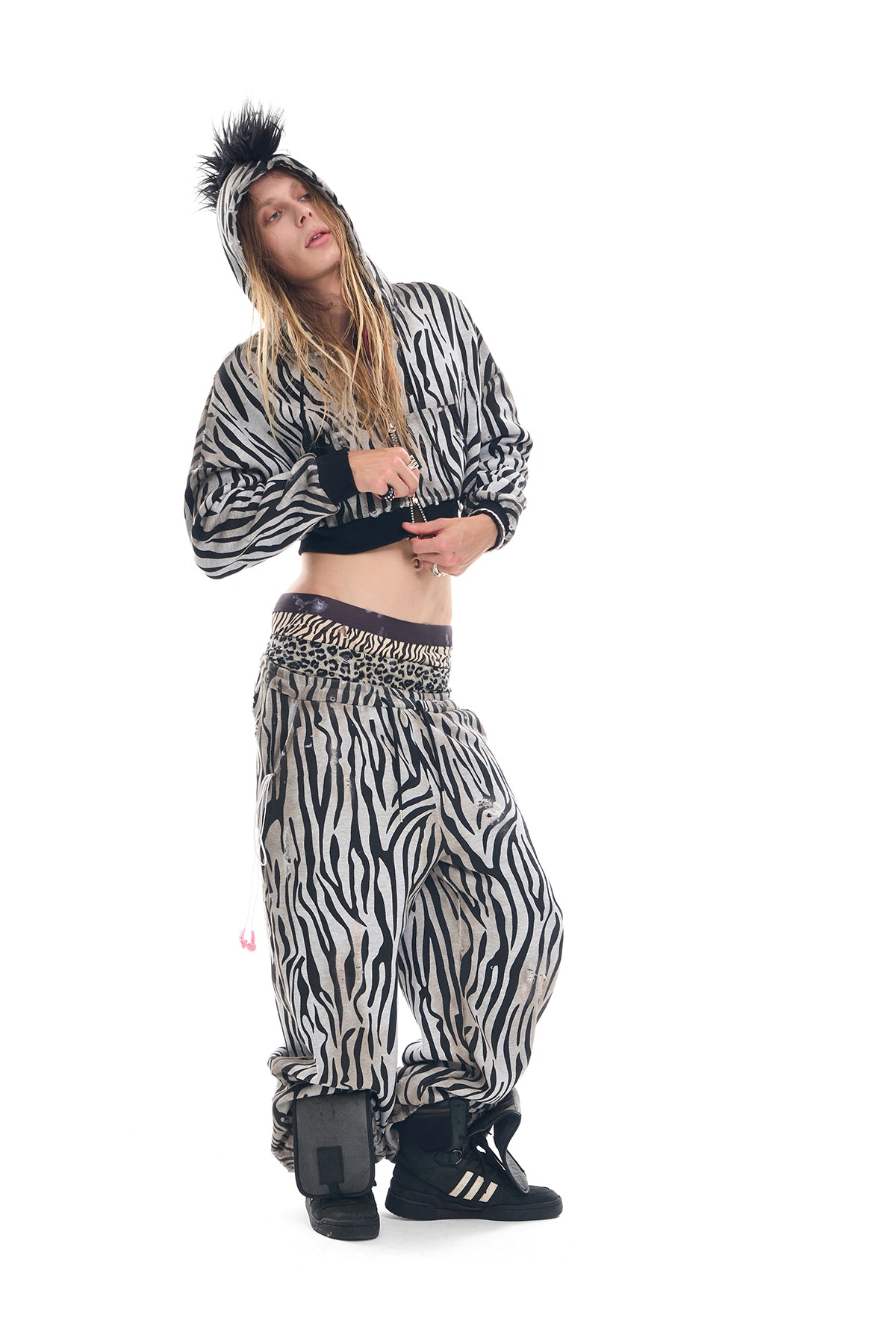 Zebra Distressed Spray-Print Fleece Mane Hoodie