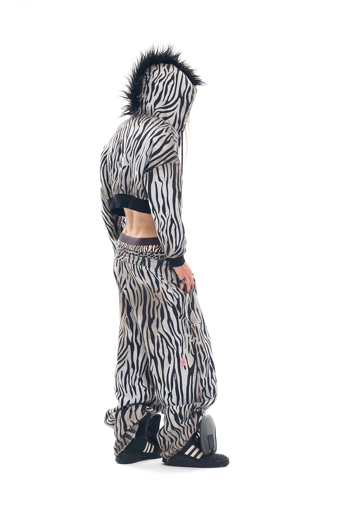 Zebra Distressed Spray-Print Fleece Mane Hoodie