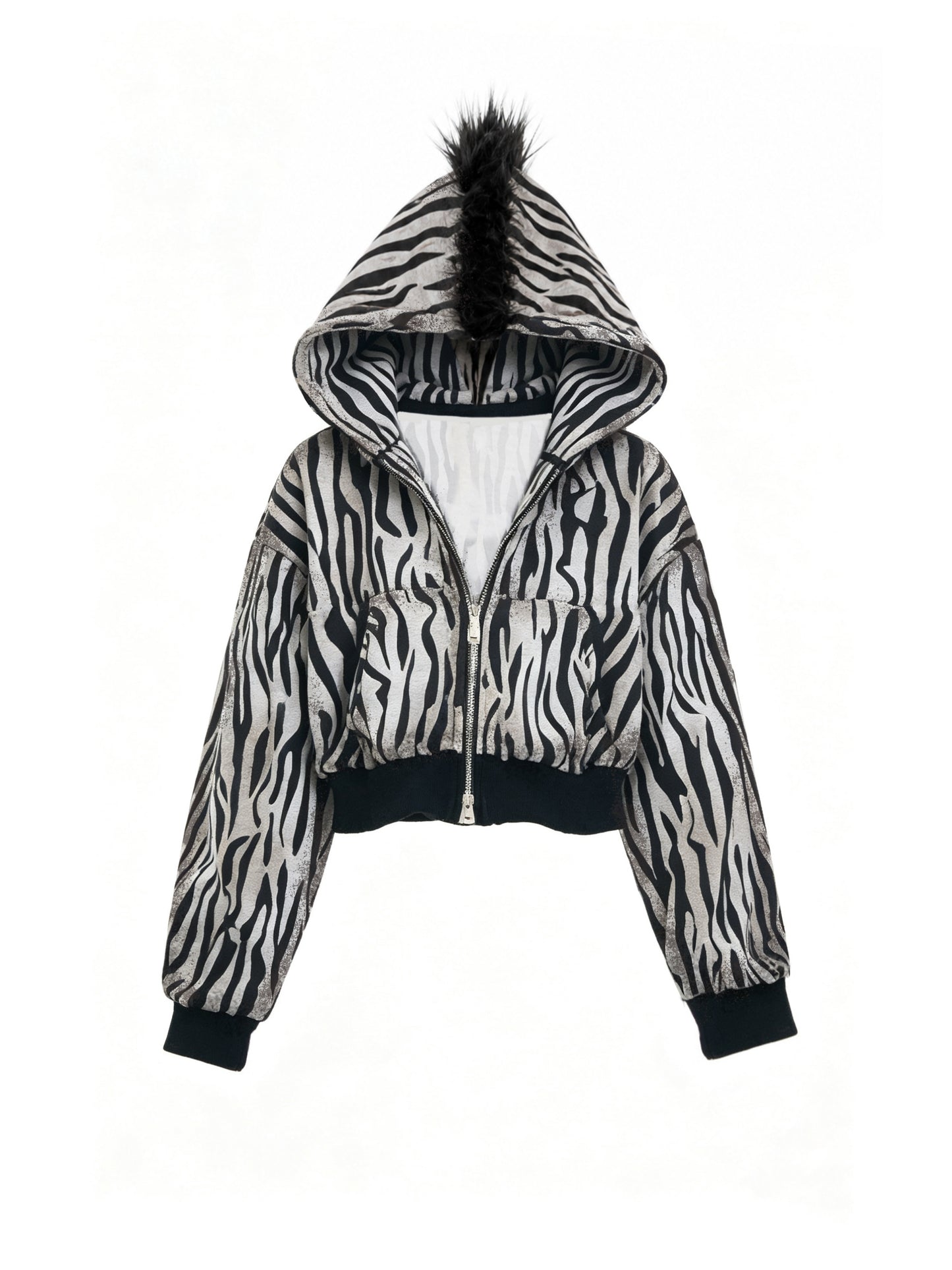 Zebra Distressed Spray-Print Fleece Mane Hoodie