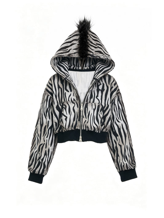 Zebra Distressed Spray-Print Fleece Mane Hoodie