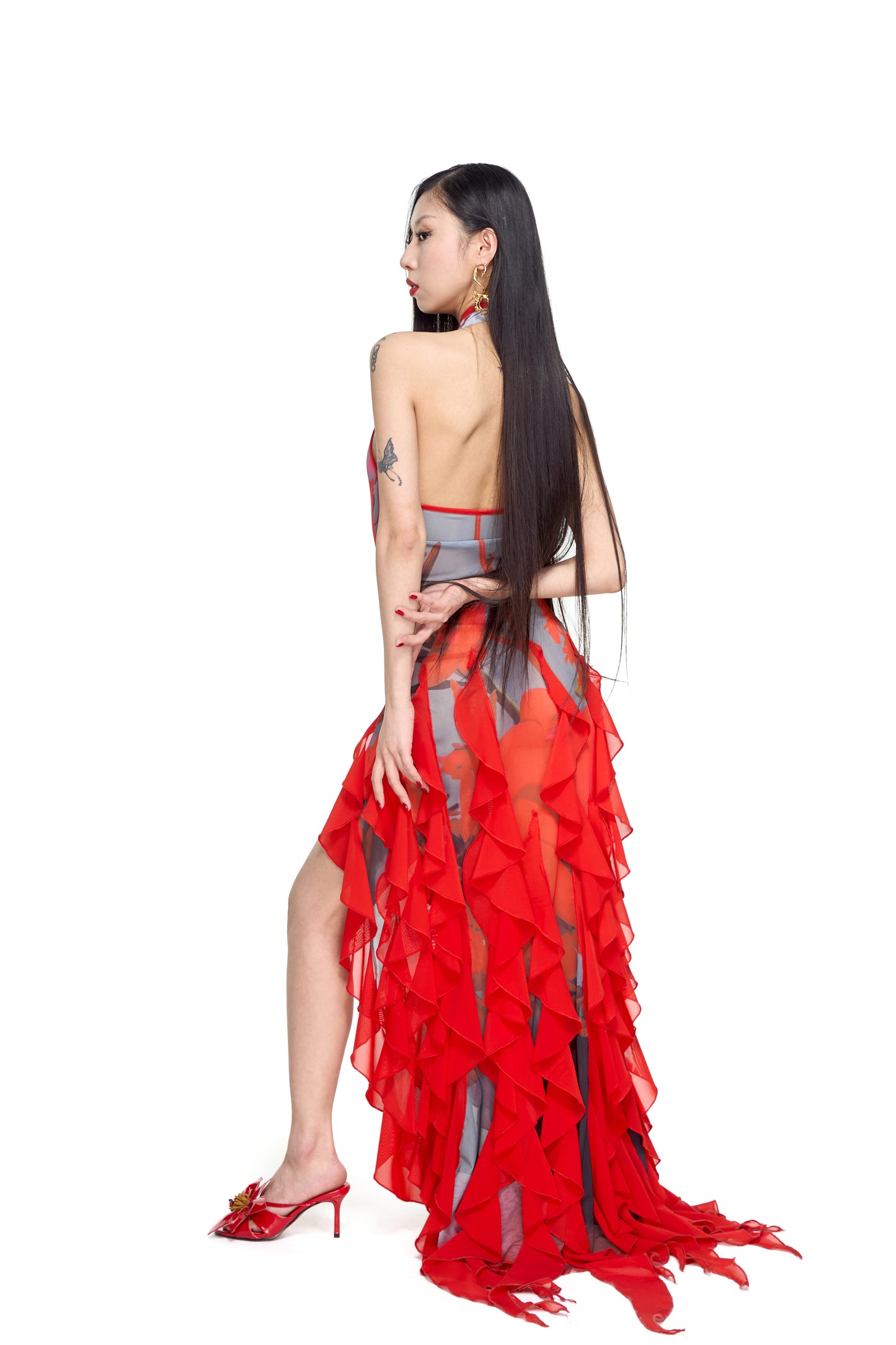 Floral Print Red Ruffle Qipao Dress