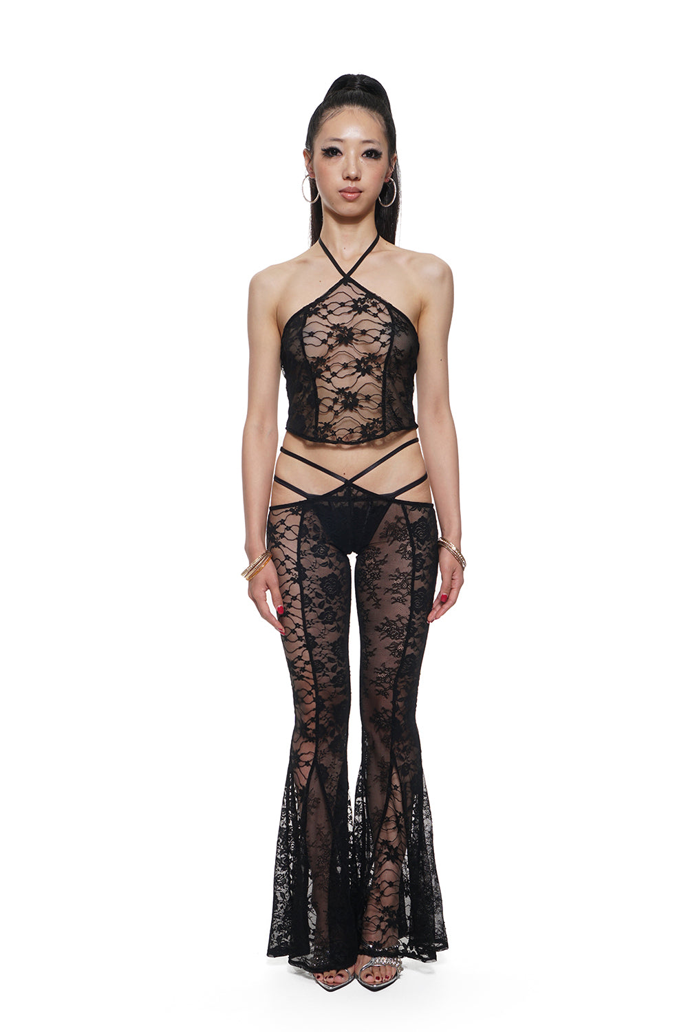 Black Lace Patchwork Top & Flared Pants