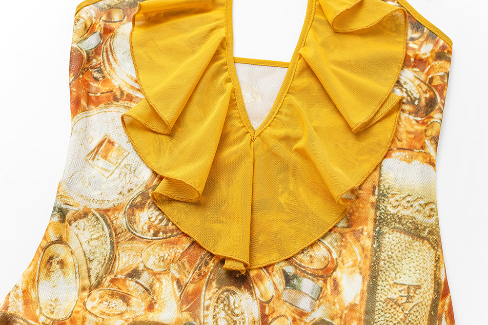 Gold Print Frill Dress