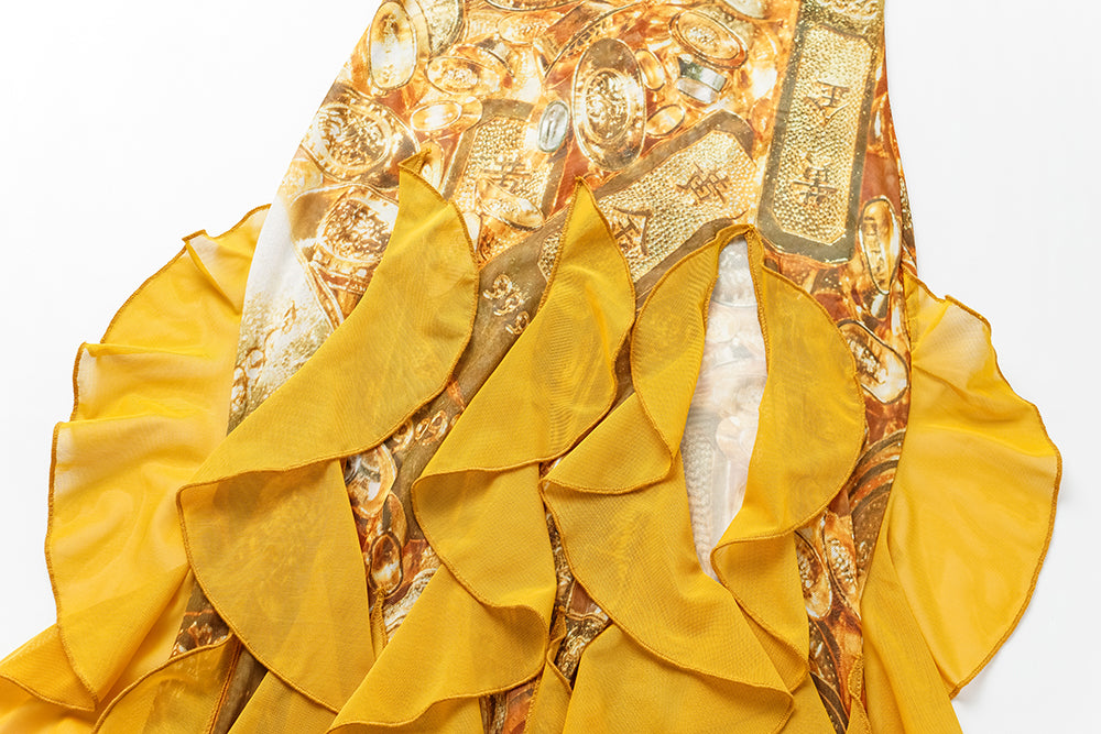 Gold Print Frill Dress