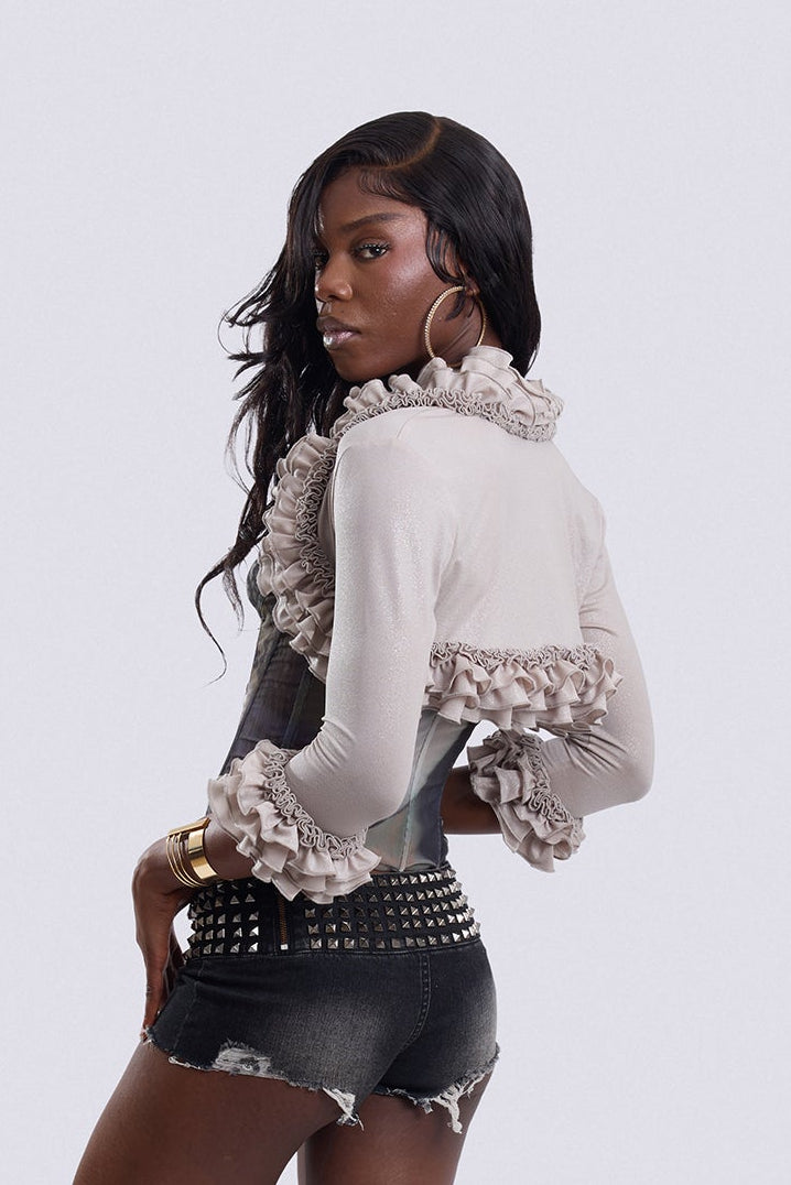 Silver Ruched Lace Cardigan