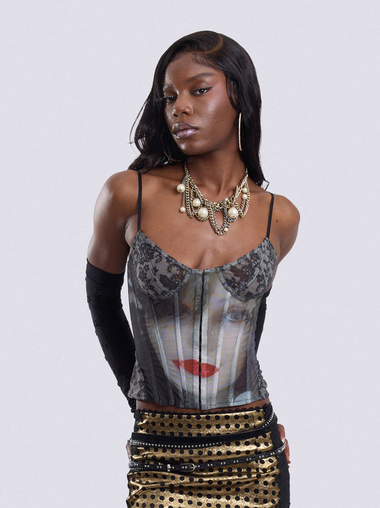 "Broken Red Lips" Print Corset