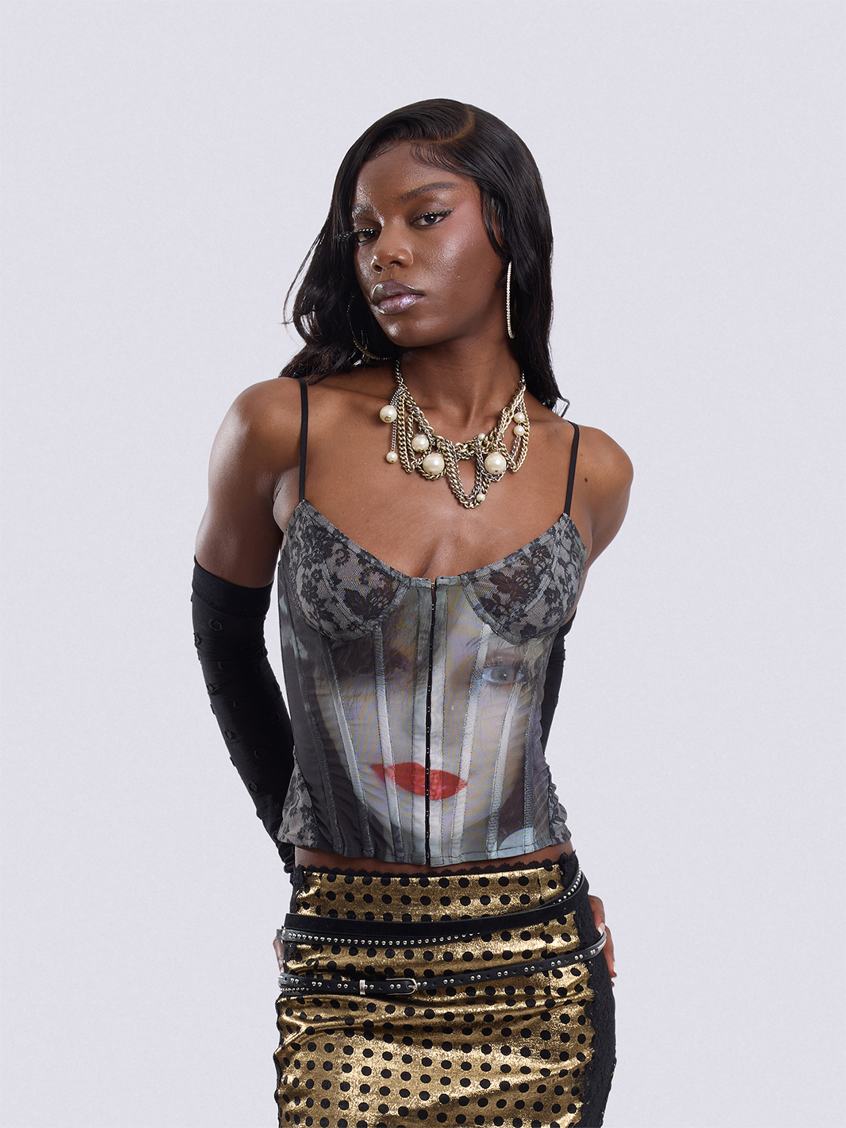 "Broken Red Lips" Print Corset