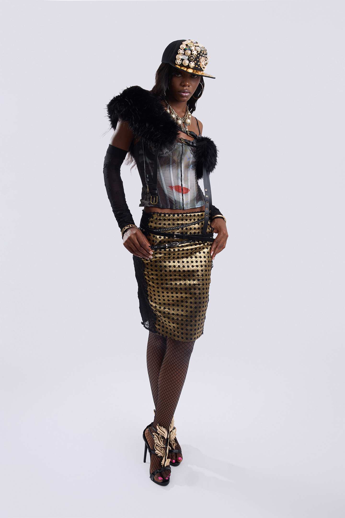 Black Gold Polka Dot Lace Skirt