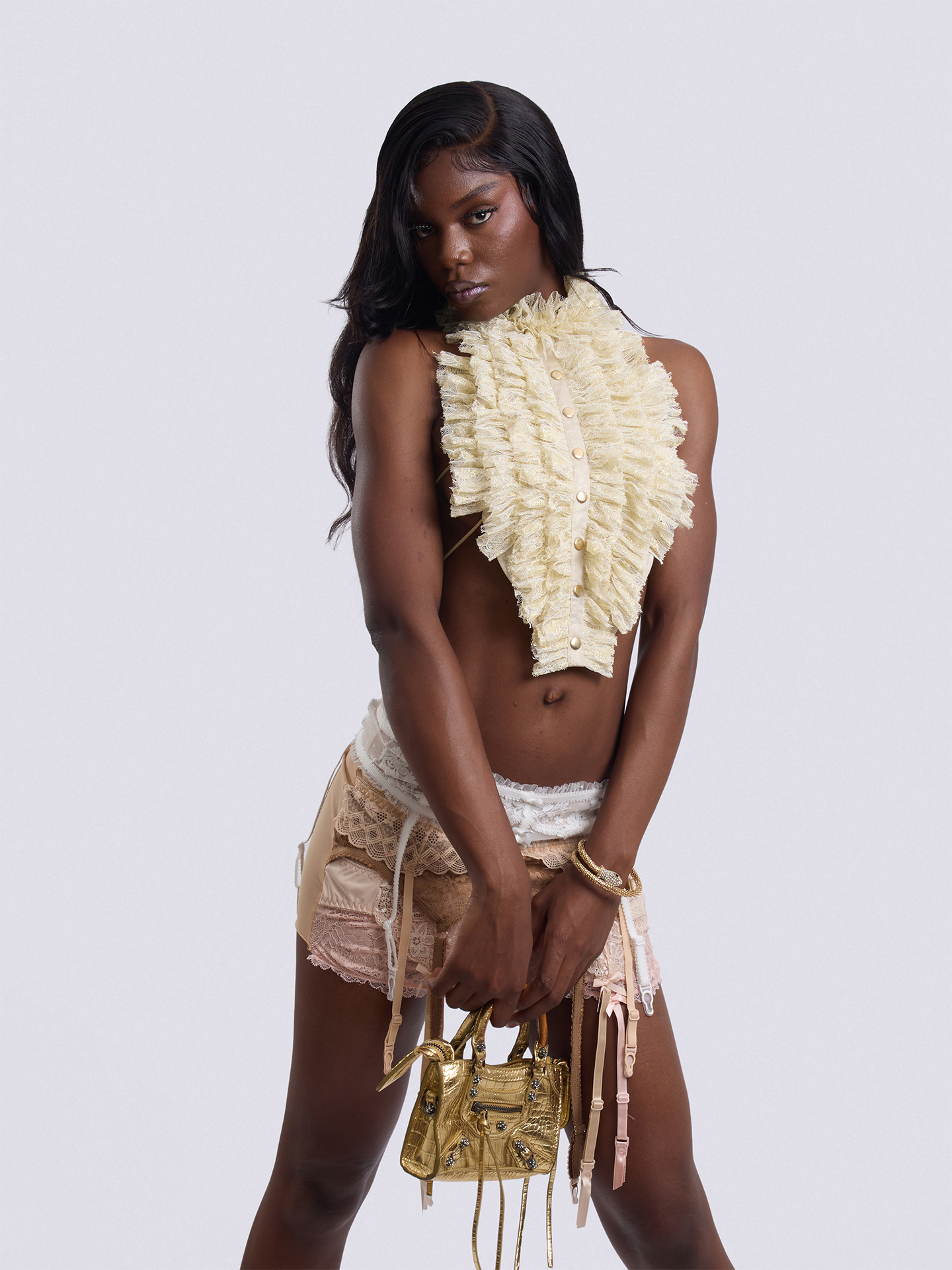Gold Lace Ruched Tie Top