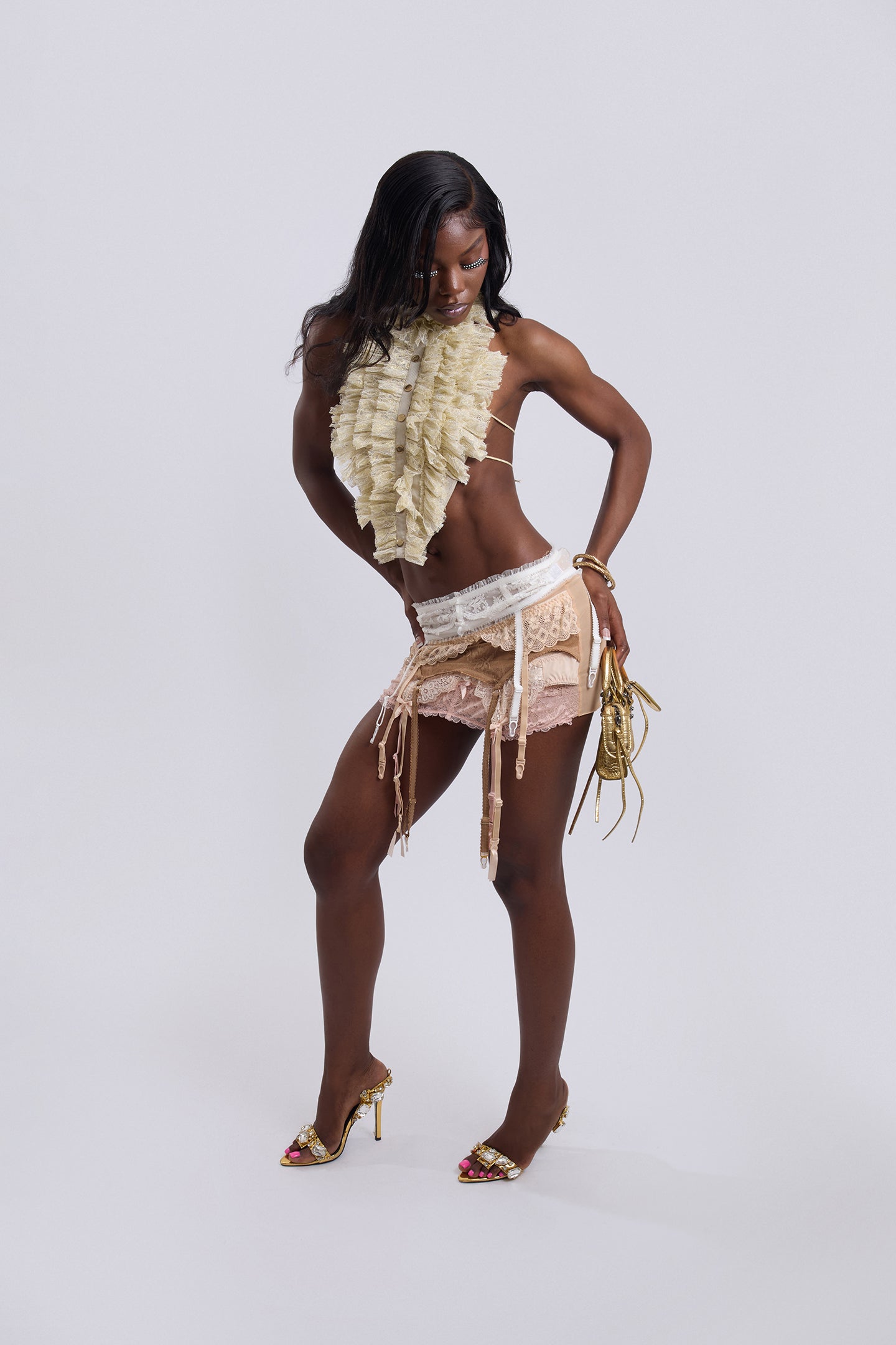 Gold Lace Ruched Tie Top