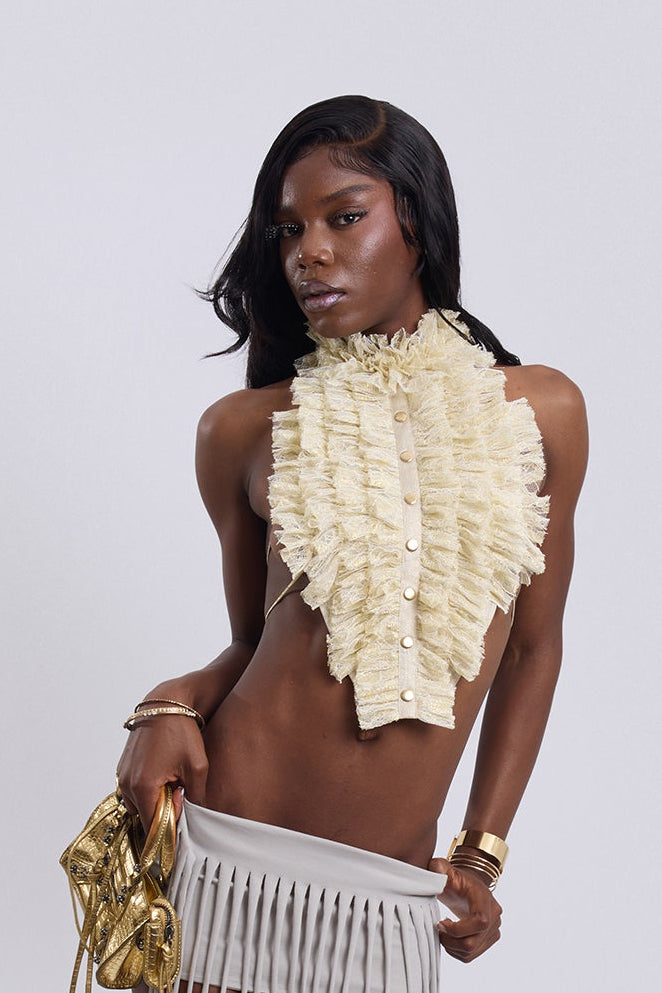 Gold Lace Ruched Tie Top