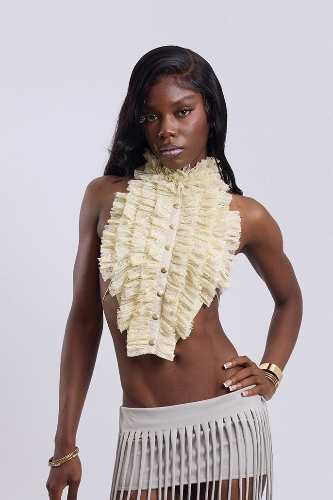 Gold Lace Ruched Tie Top