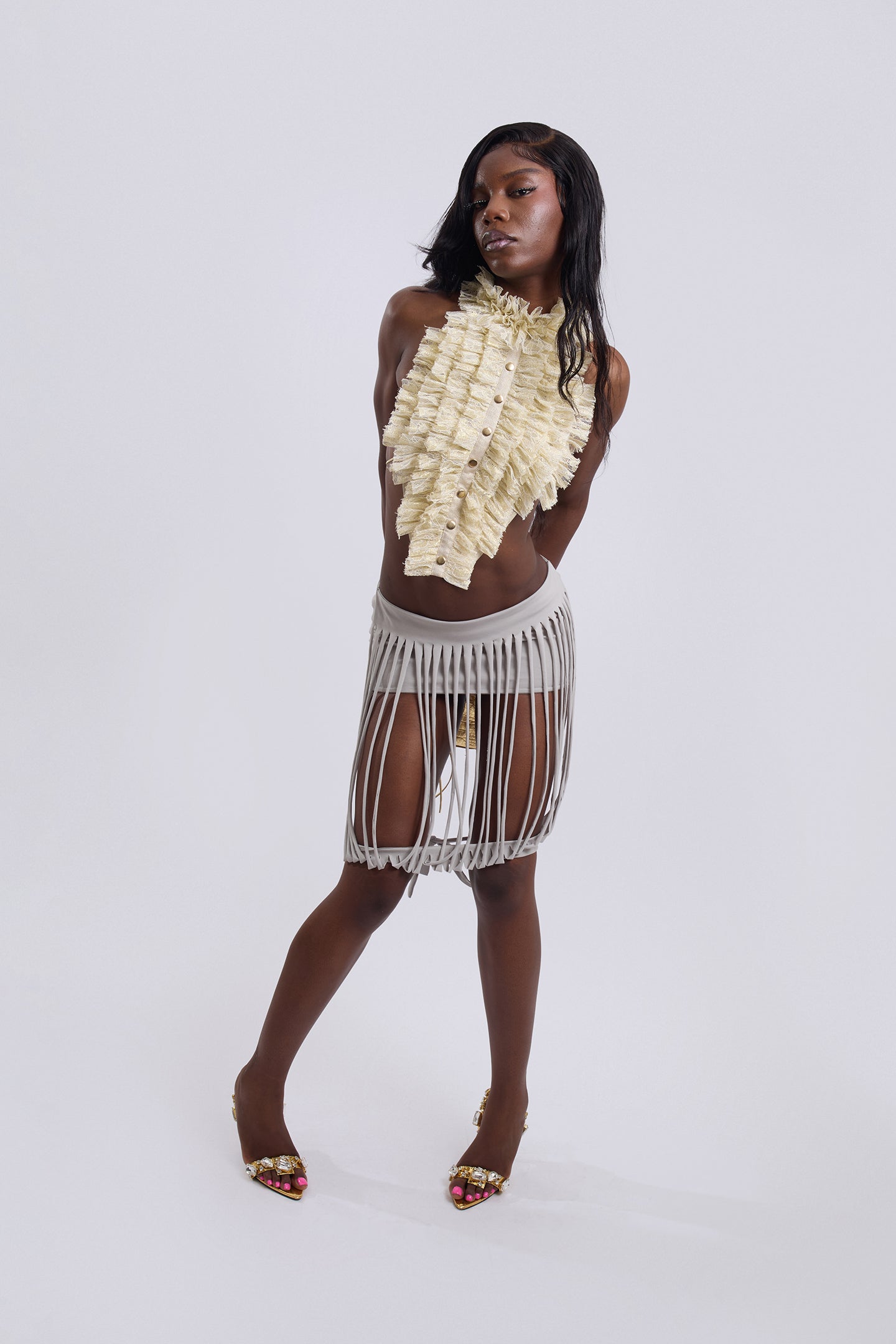 Gold Lace Ruched Tie Top